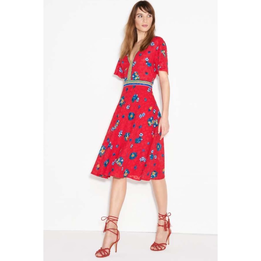 BA&SH Bright Red Colorful Floral Retro 70’s Style Textured Midi Dress size Small